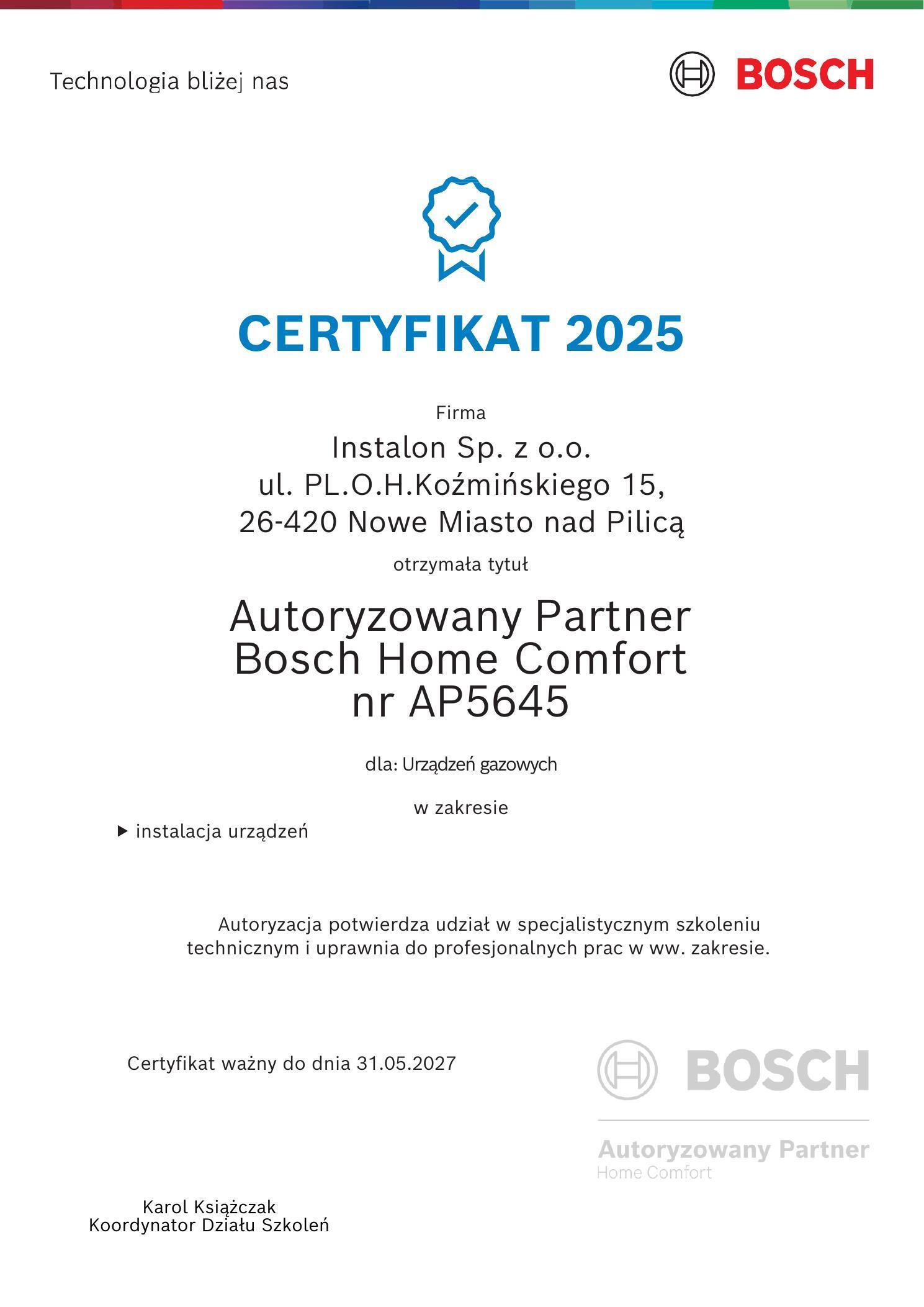 Certyfikat autoryzowanego partnera Bosch Home Comfort