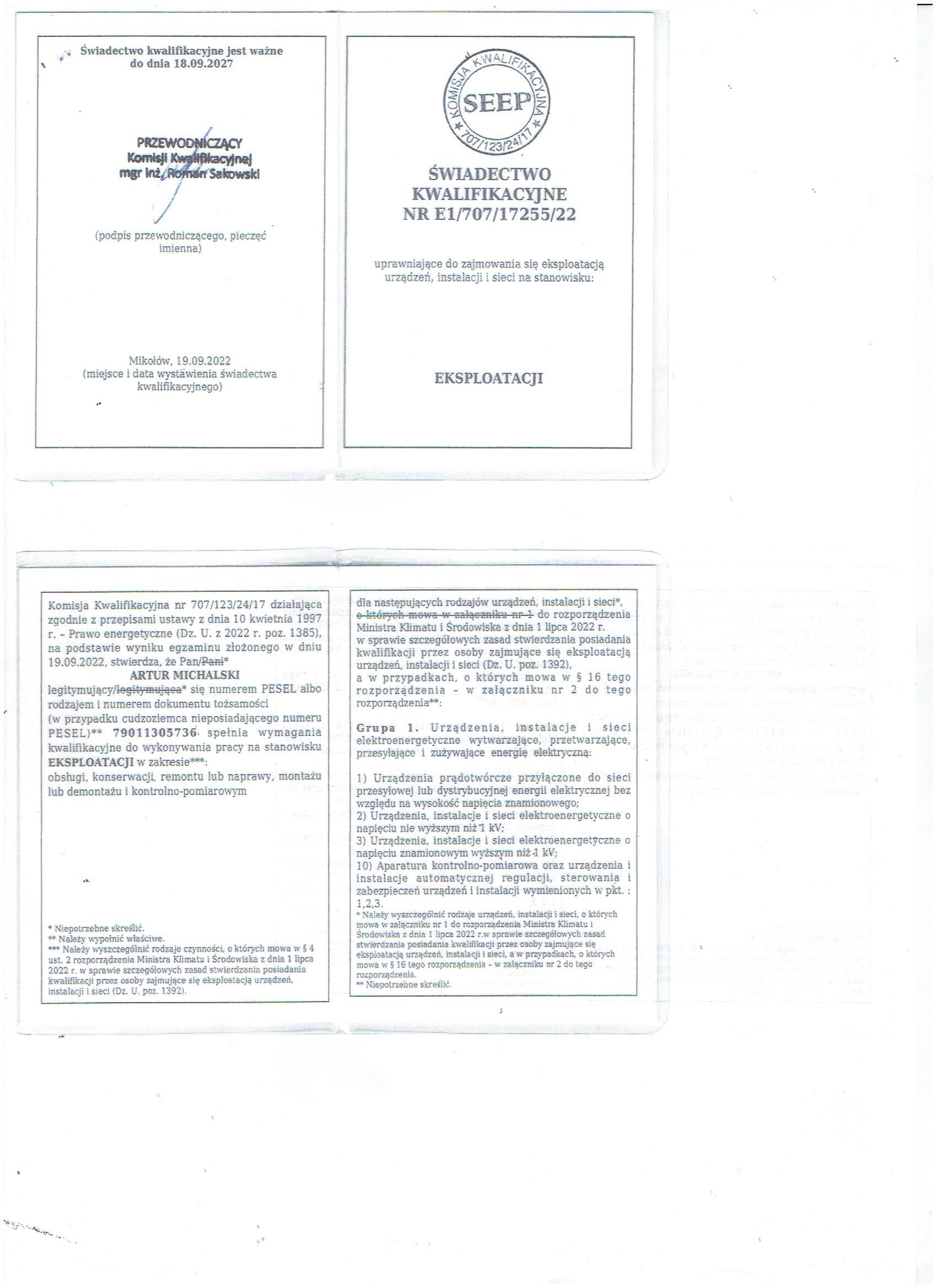 Świadectwo kwalifikacji — eksploatacja