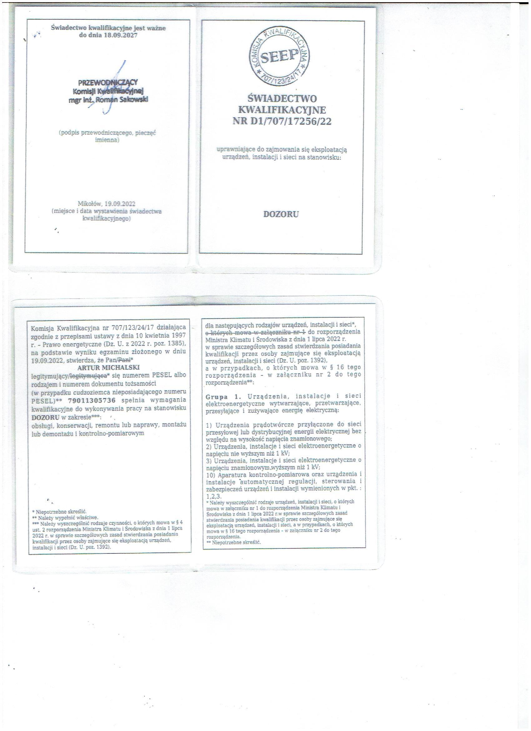 Świadectwo kwalifikacji — dozór