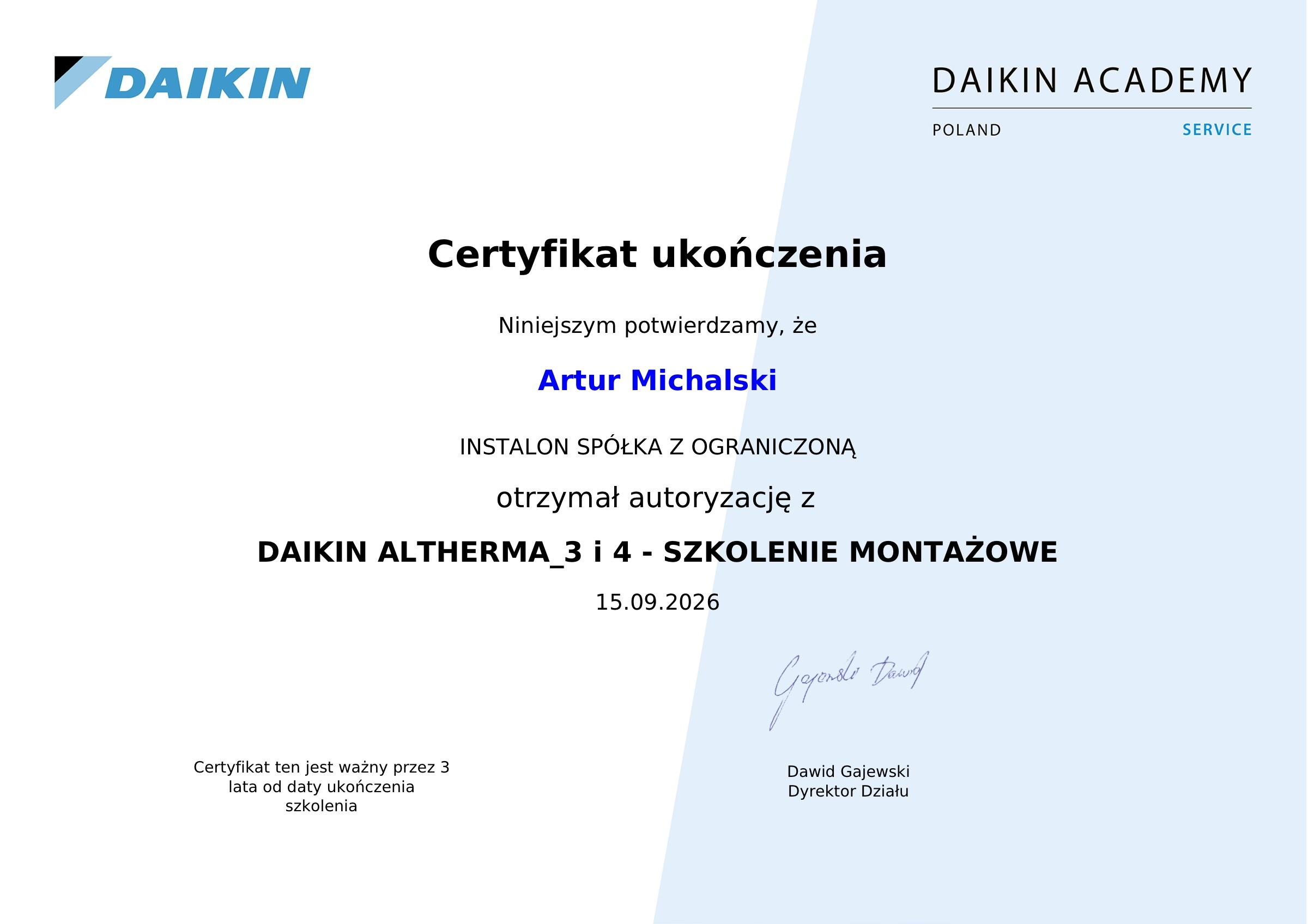 Certyfikat Daikin Altherma 3 i 4 — szkolenie montażowe